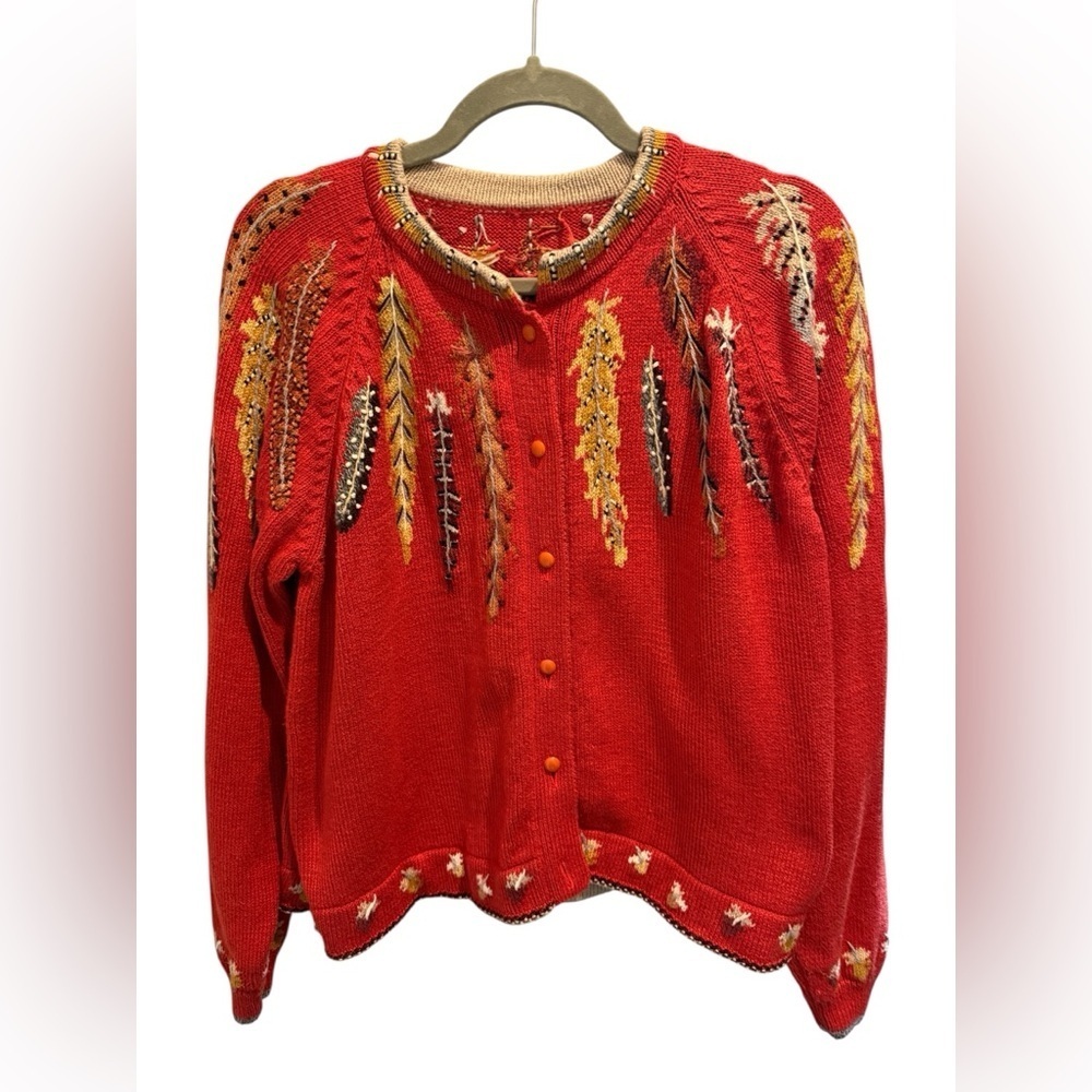 VTG Christine Foley Red Feather Embroidered Knit cotton 90s Button Up Cardigan M